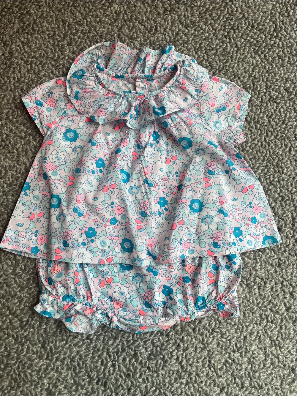 Jacadi Floral Ruffle Collar Top & Bloomers - White, Blue, Pink